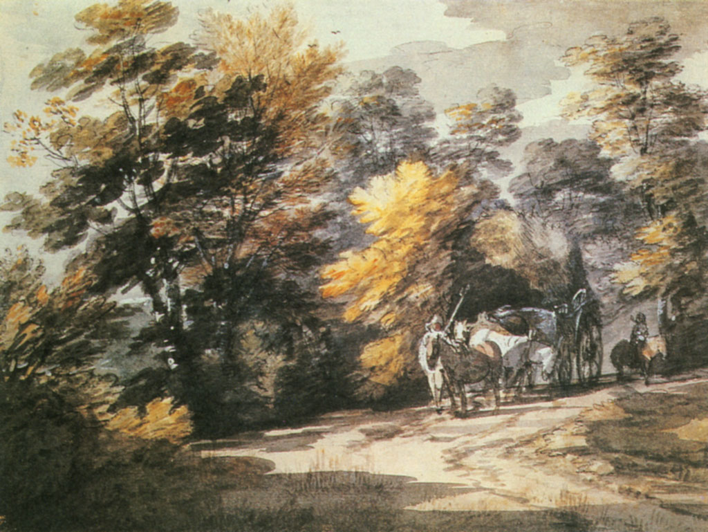 61. Лесной пейзаж с повозкой на поляне. Ок. 1765/67. Б., акварель по рисунку черным мелом. Лондон, Британский музей
