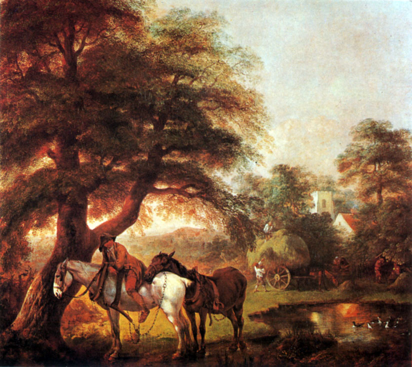 65. Пейзаж с крестьянином, двумя лошадьми и возом сена вдали. Ок. 1755. X., м. Аббатство Уобёрн