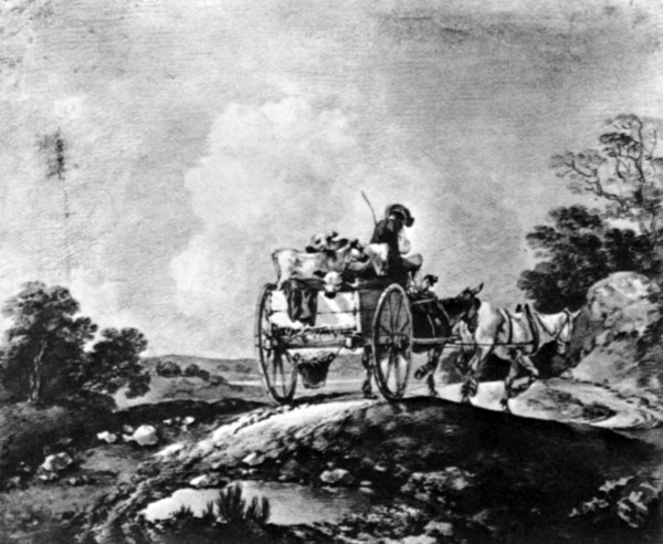 16. Открытый пейзаж с кучером и телятами на повозке. Ок. 1755. Карандаш и серая размывка. Вашингтон, Национальная галерея