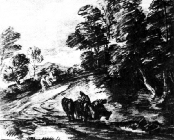41. Лесной пейзаж с тремя лошадьми, пьющими из ручья. Ок. 1775. Черный, красный и голубой мел по голубоватой бумаге. Частное собрание