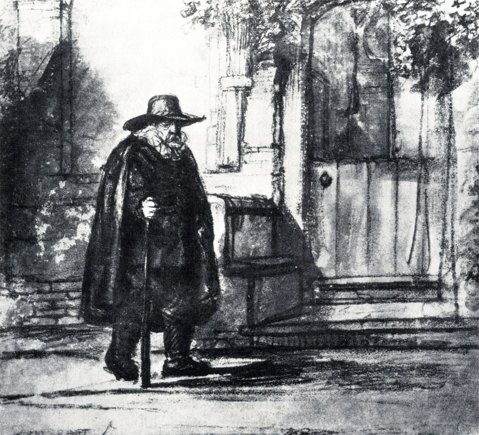 Рембрандта. Мужчина в широкополой шляпе, подходящий к дому. Ок. 1640