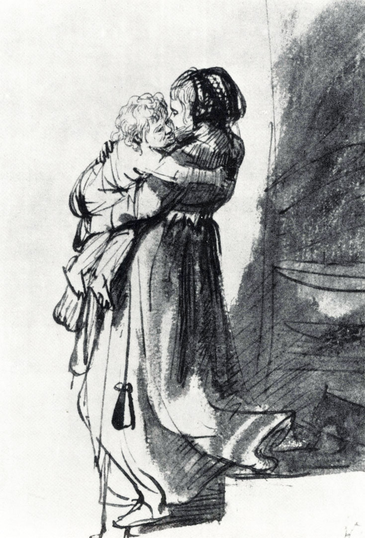 Рембрандт. Мать с ребенком на руках, спускающаяся по лестнице. 1636