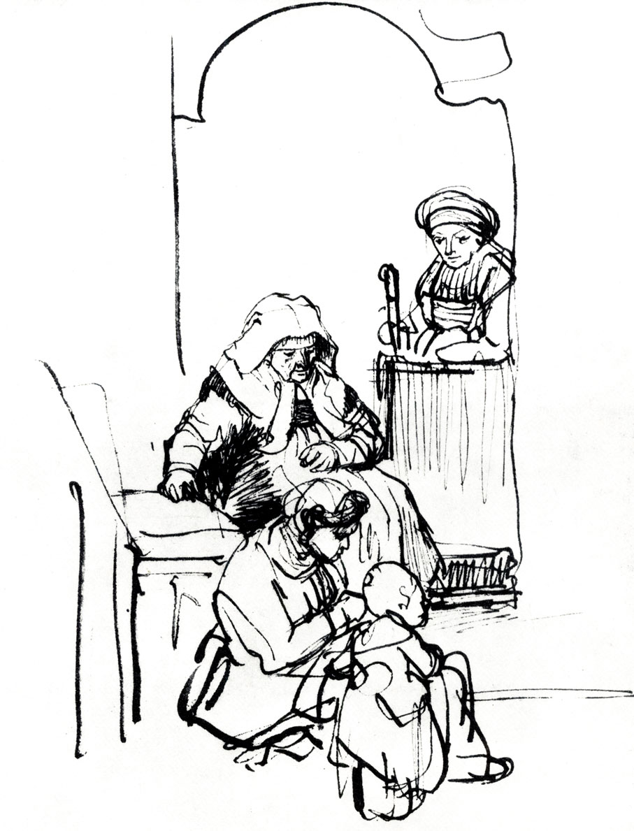 Рембрандт. Женщины с ребенком у дверей дома. Ок. 1636