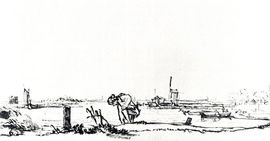 Рембрандт. Вид реки Амстел с фигурой купальщика. Ок. 1654 - 1655