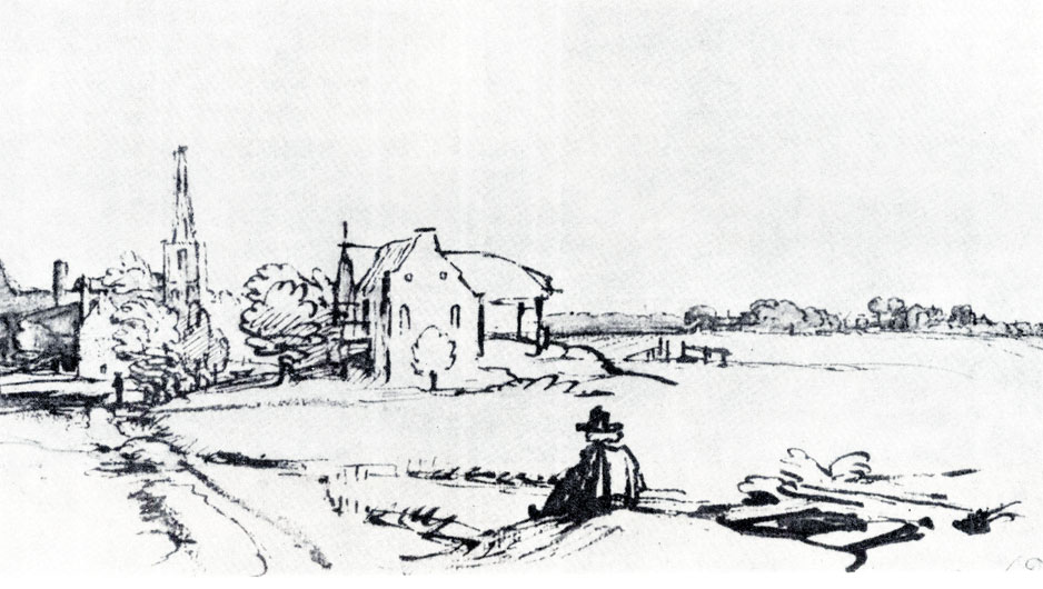 Рембрандт. Вид деревни Димен с сидящим на переднем плане человеком. Ок. 1648 - 1650