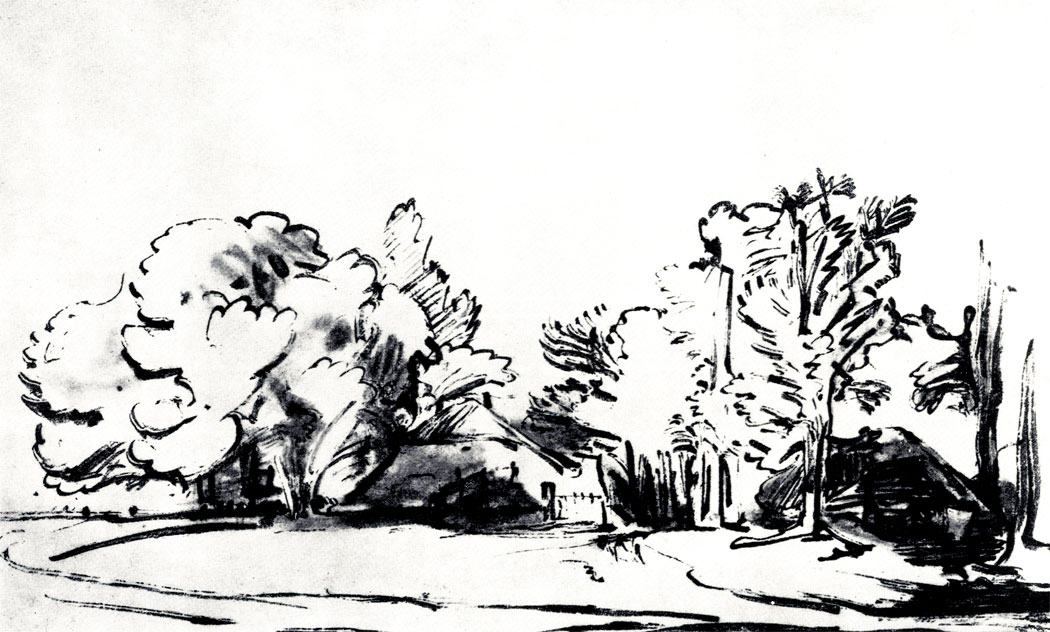 Рембрандт. Пейзаж с большими деревьями и крестьянскими хижинами. Ок. 1657