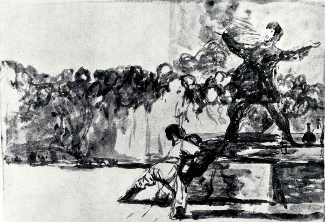 Гойя. Странствующие комедианты в деревне ('Странность шарлатана'). Рисунок к серии 'Диспаратес'. 1815 - 1819. (Не переведен в офорт)