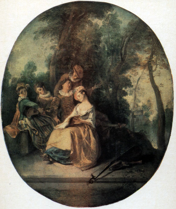 Никола Ланкре (1690 - 1743) Французская школа. Концерт в парке. Холст, масло. 61,5X51,5 (овал). Государственный Эрмитаж