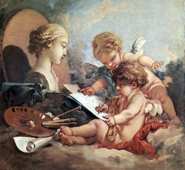Франсуа Буше (1703 - 1770) Французская школа. Амуры - аллегория Живописи. Холст, масло. 82X87. Государственный Эрмитаж