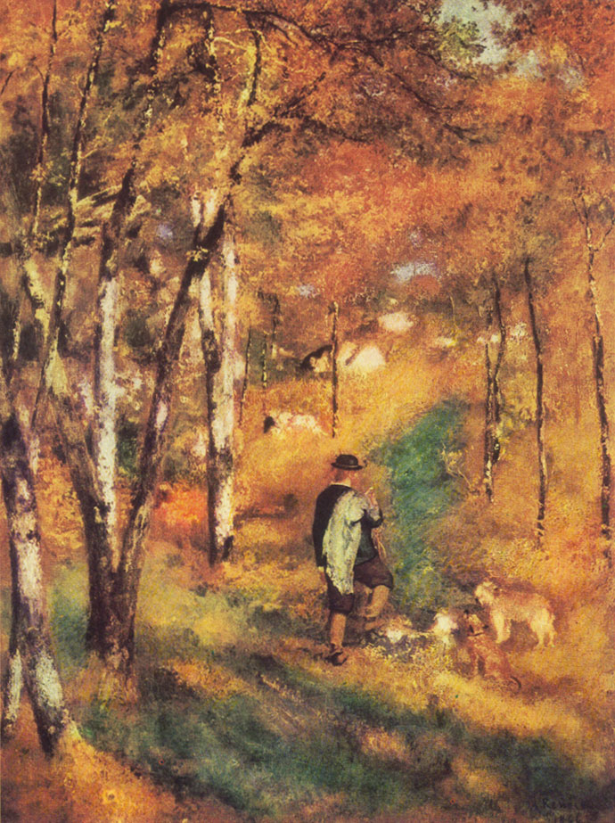 Пьер Огюст Ренуар - Молодой человек с собаками на прогулке в лесу Фонтенбло 